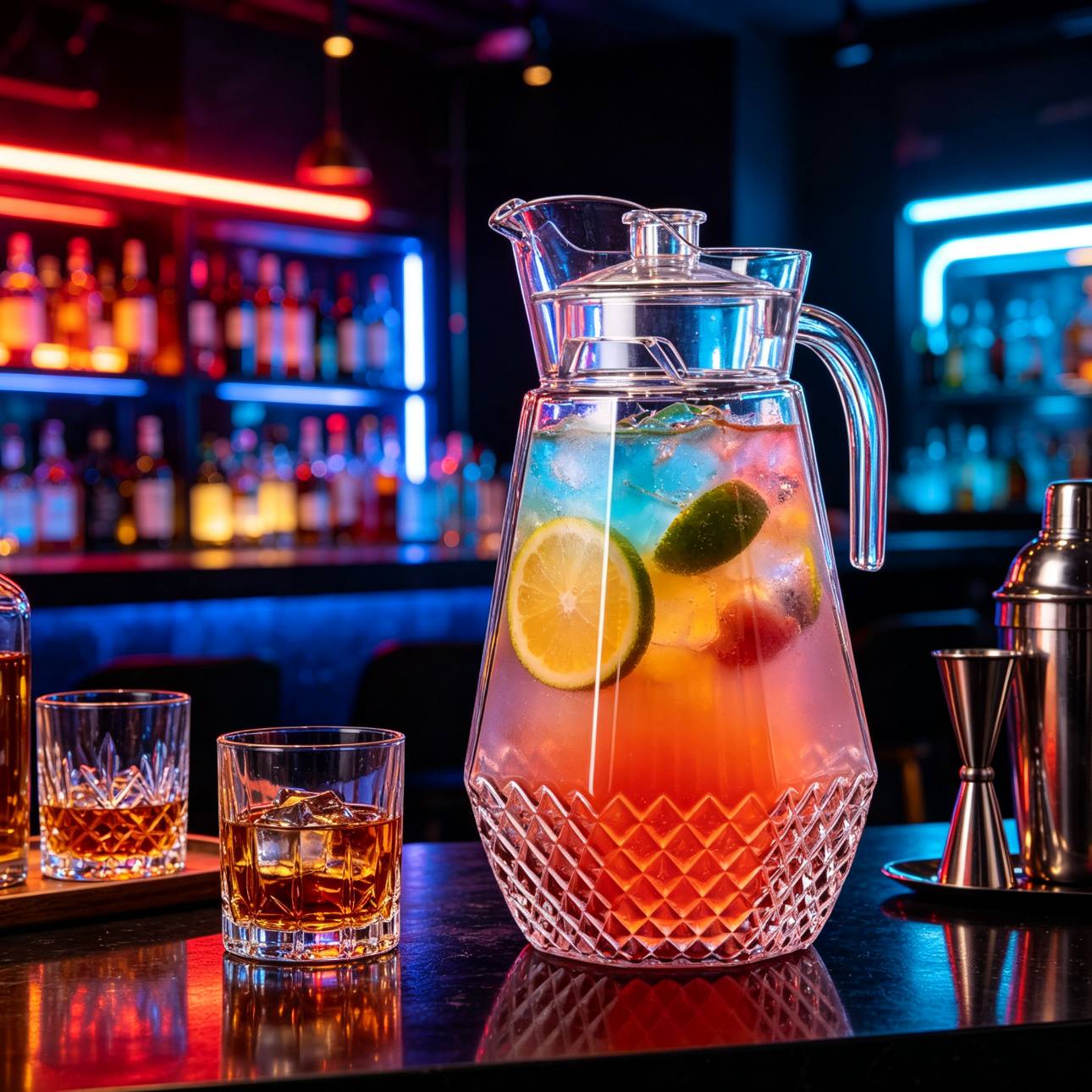 BY-9162A-1 unbreakable PC water pitcher - on a bar counter at night