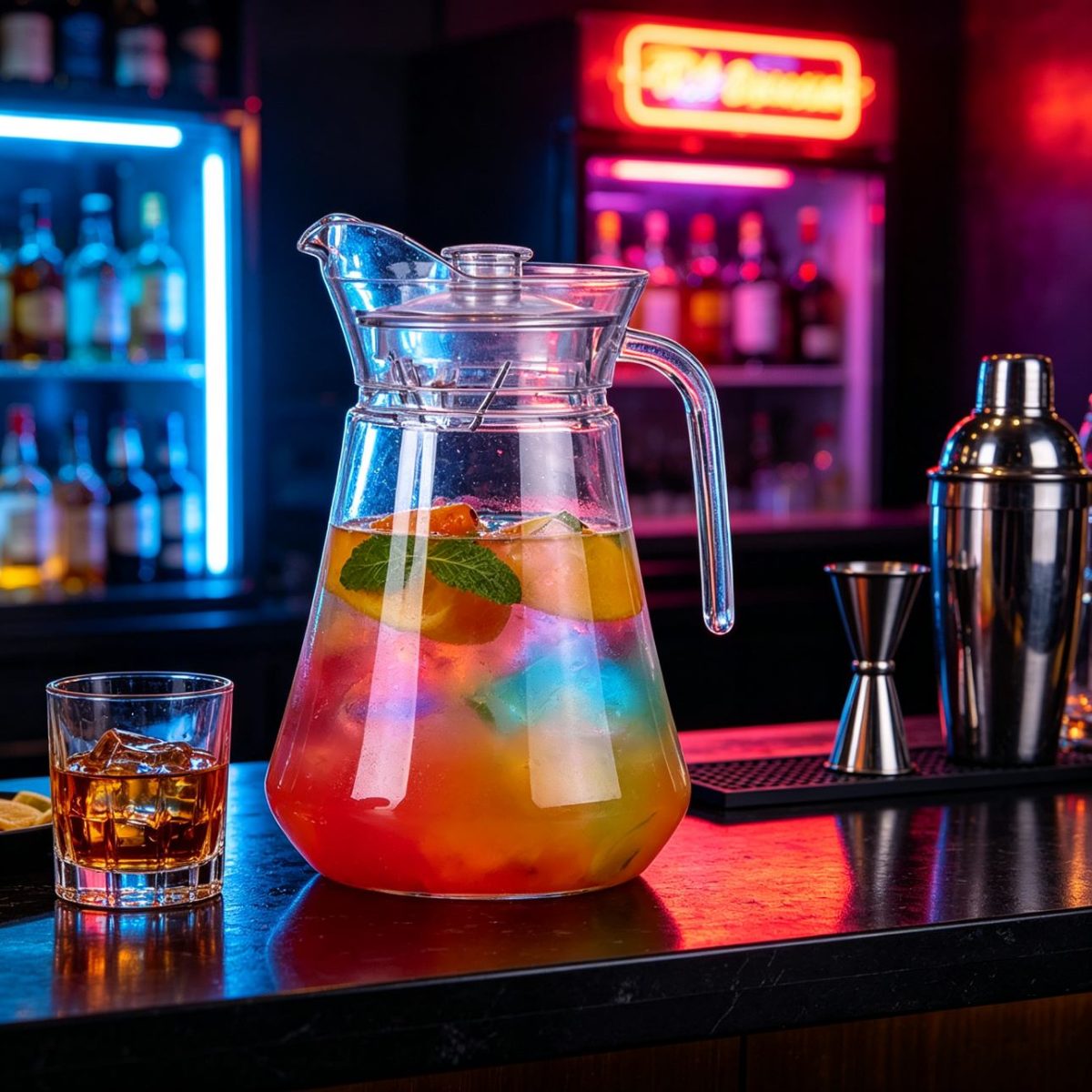 BY-9162B unbreakable PC water pitcher - on a bar counter at night