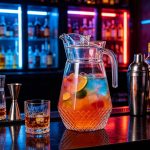 BY-9162B-1 unbreakable PC water pitcher - on a bar counter at night