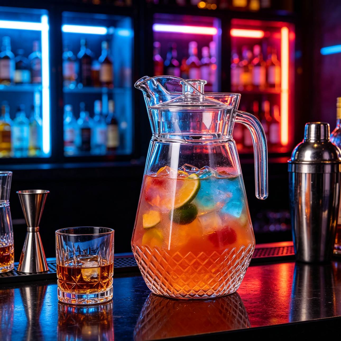 BY-9162B-1 unbreakable PC water pitcher - on a bar counter at night