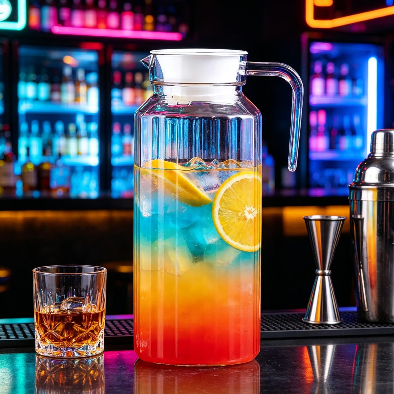 BY-9141B-1 unbreakable PC water pitcher - on a bar counter at night