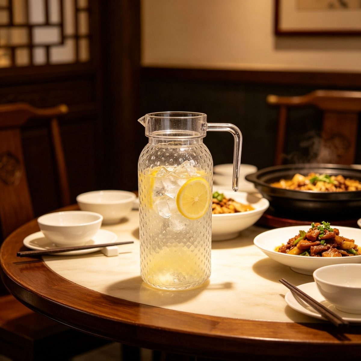 BY-9148 unbreakable PC water pitcher - on a restaurant table
