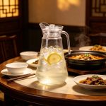 BY-9162A unbreakable PC water pitcher - on a restaurant table