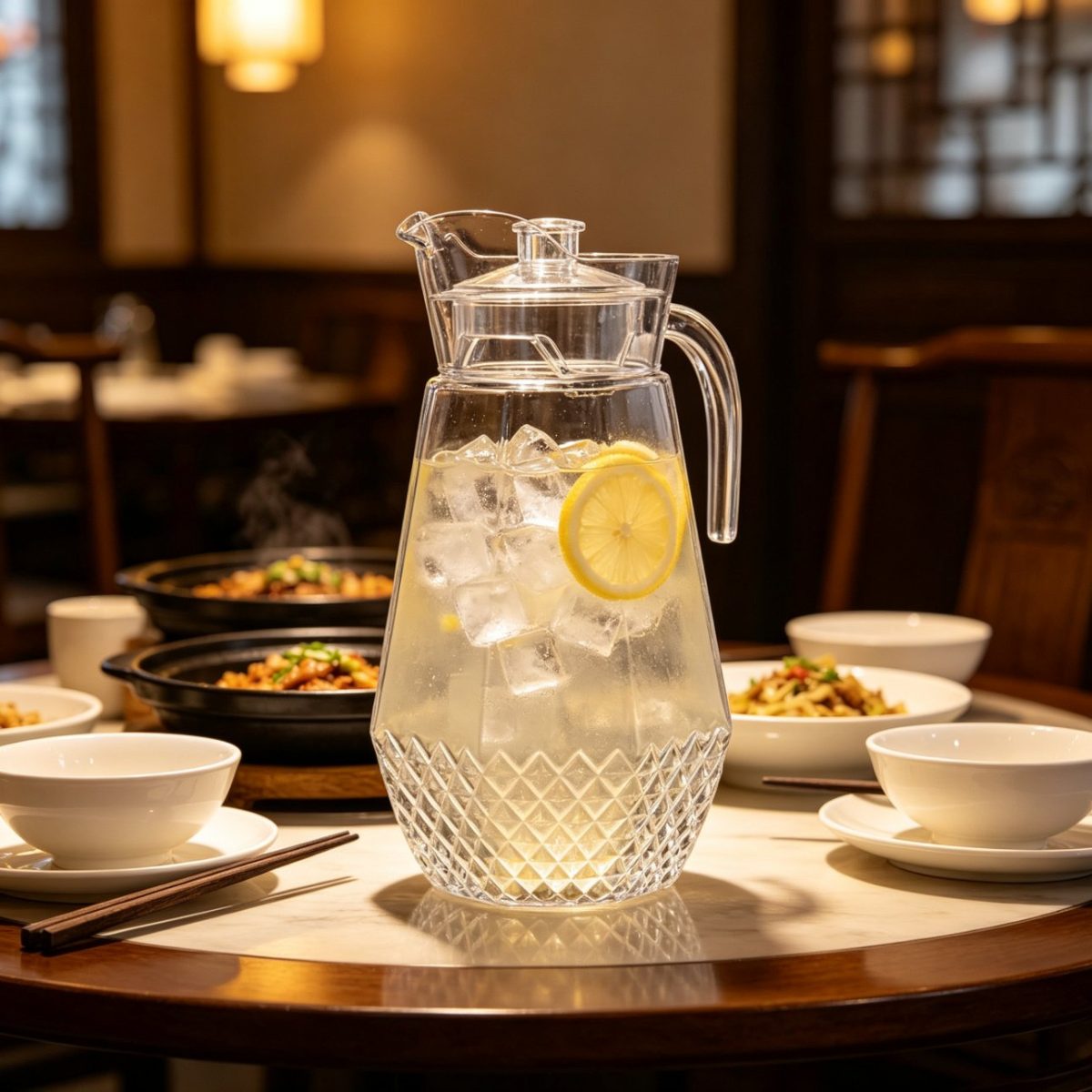 BY-9162A-1 unbreakable PC water pitcher - on a restaurant table