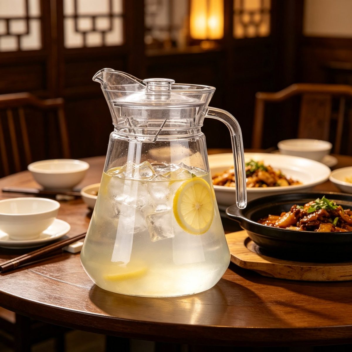 BY-9162B unbreakable PC water pitcher - on a restaurant table