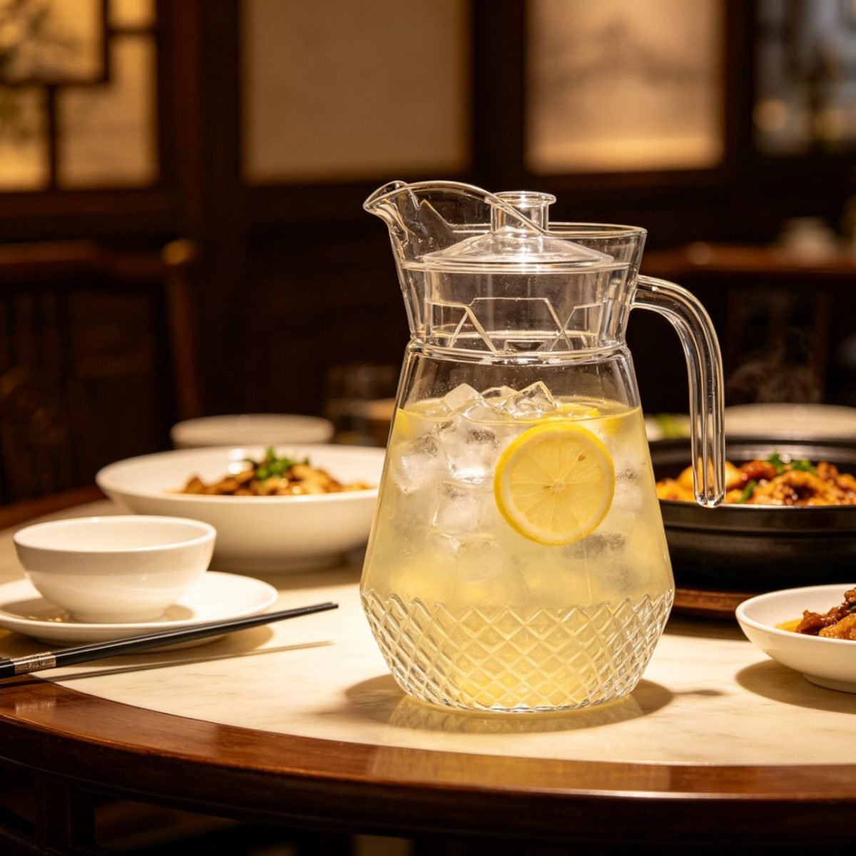 BY-9162B-1 unbreakable PC water pitcher - on a restaurant table