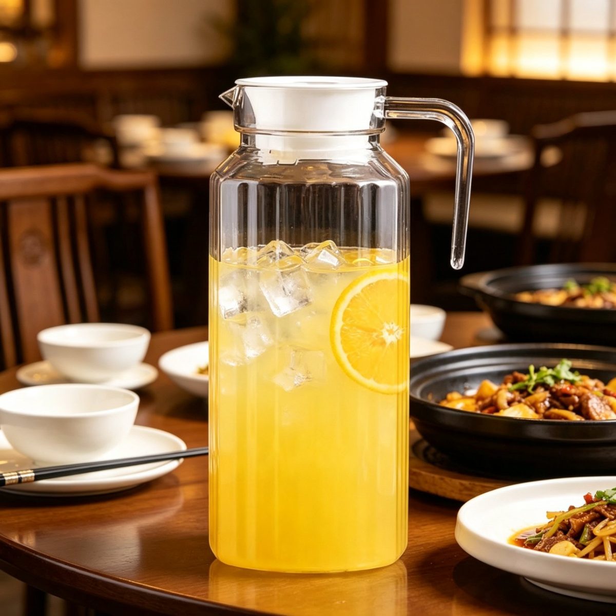 BY-9141B-1 unbreakable PC water pitcher - on a restaurant table