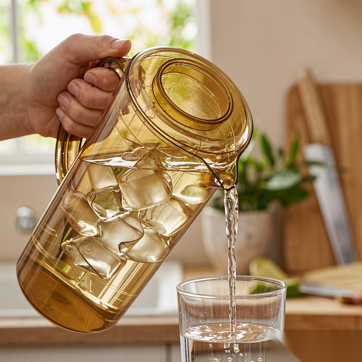 BY-8553 unbreakable PC full-handle water pitcher (tea) - being poured by hand