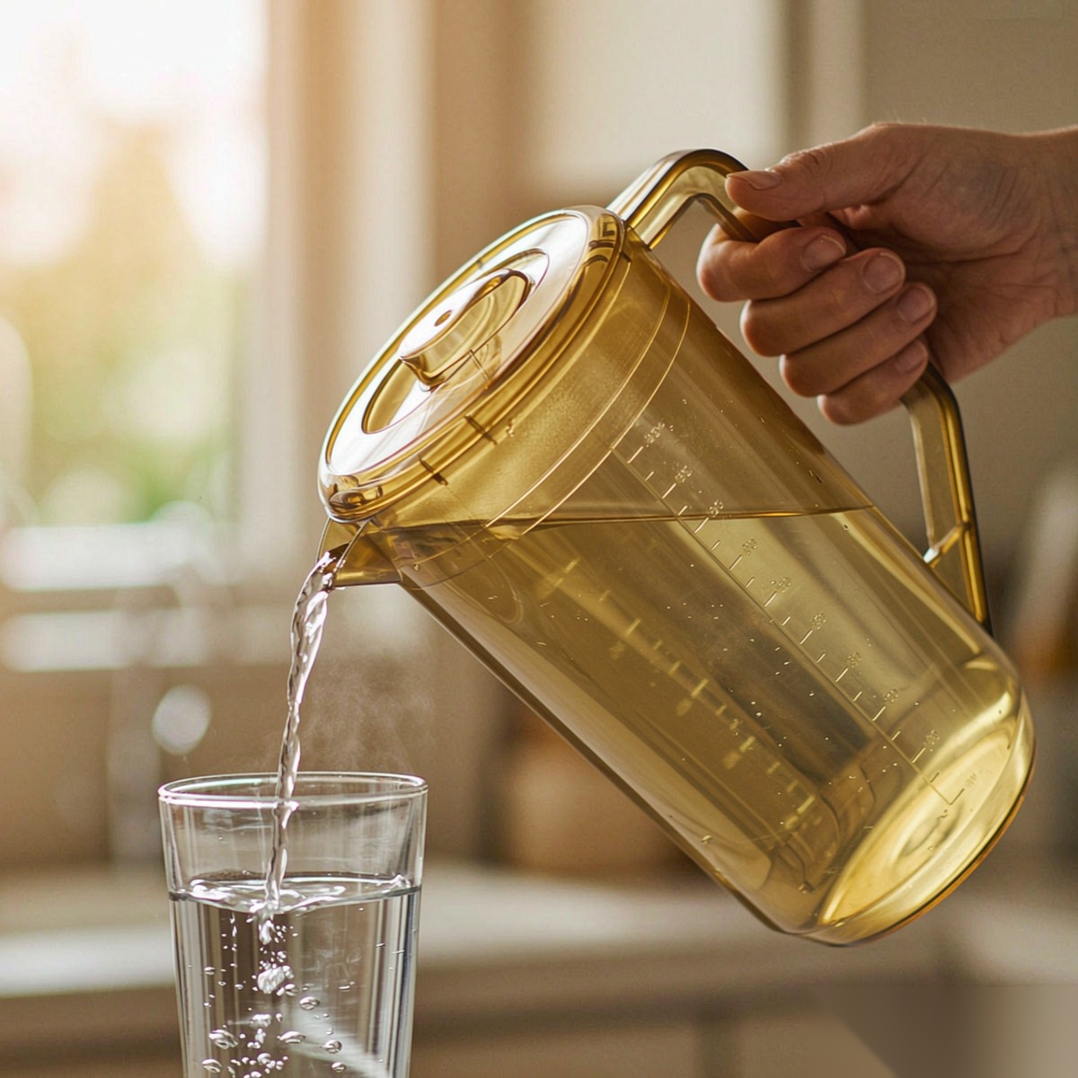 BY-8554 unbreakable PC full-handle water pitcher (tea) - being poured by hand