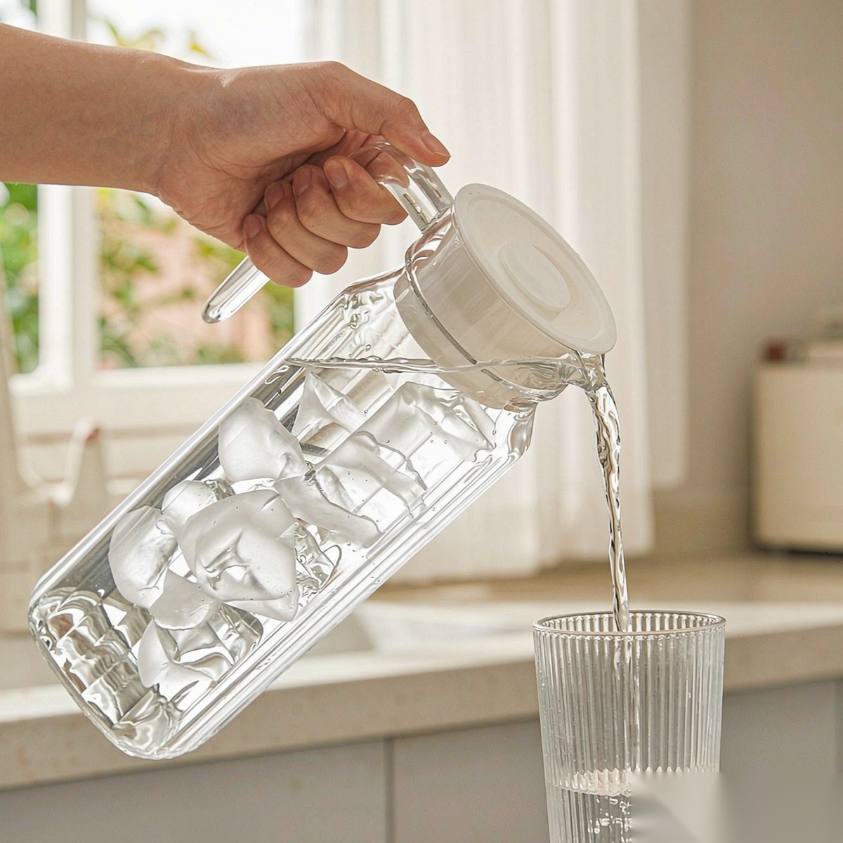 BY-9141C unbreakable PC water pitcher - being poured by hand