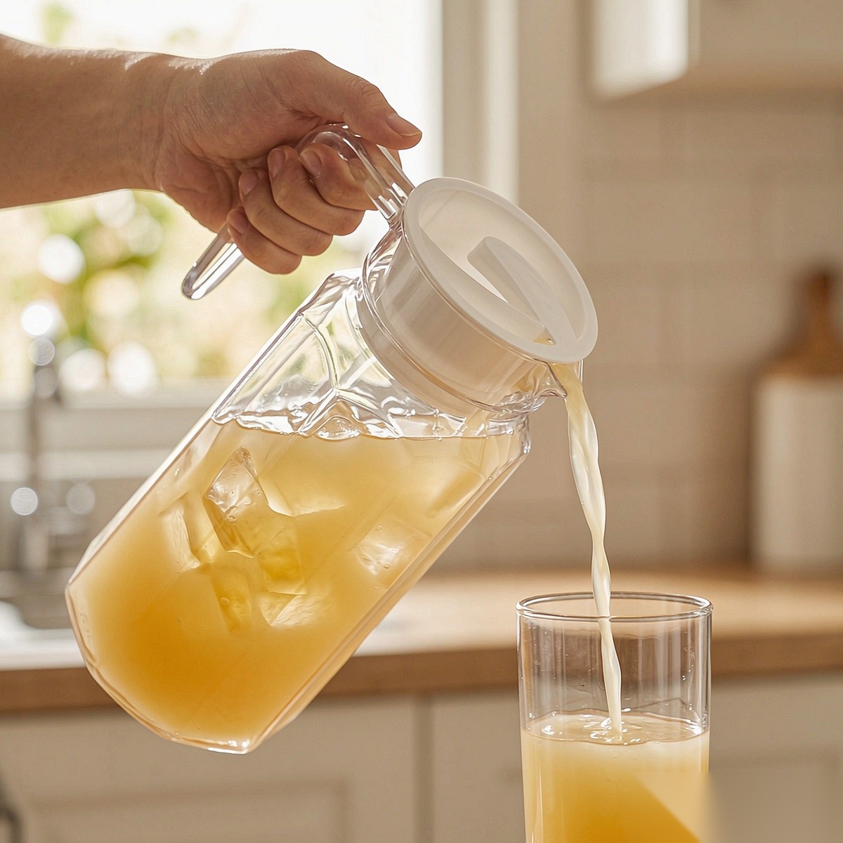 BY-9144C unbreakable PC water pitcher - being poured by hand