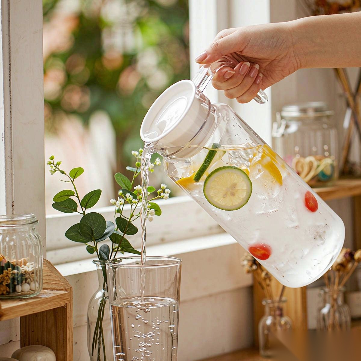 BY-9145B unbreakable PC water pitcher - being poured by hand