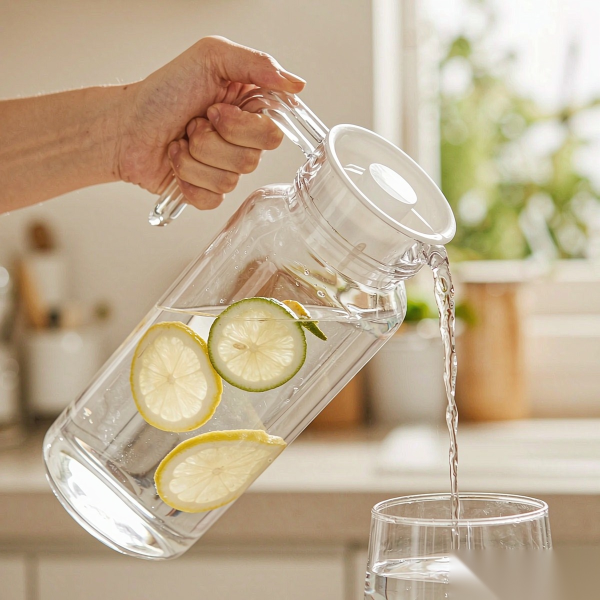 BY-9145C unbreakable PC water pitcher - being poured by hand