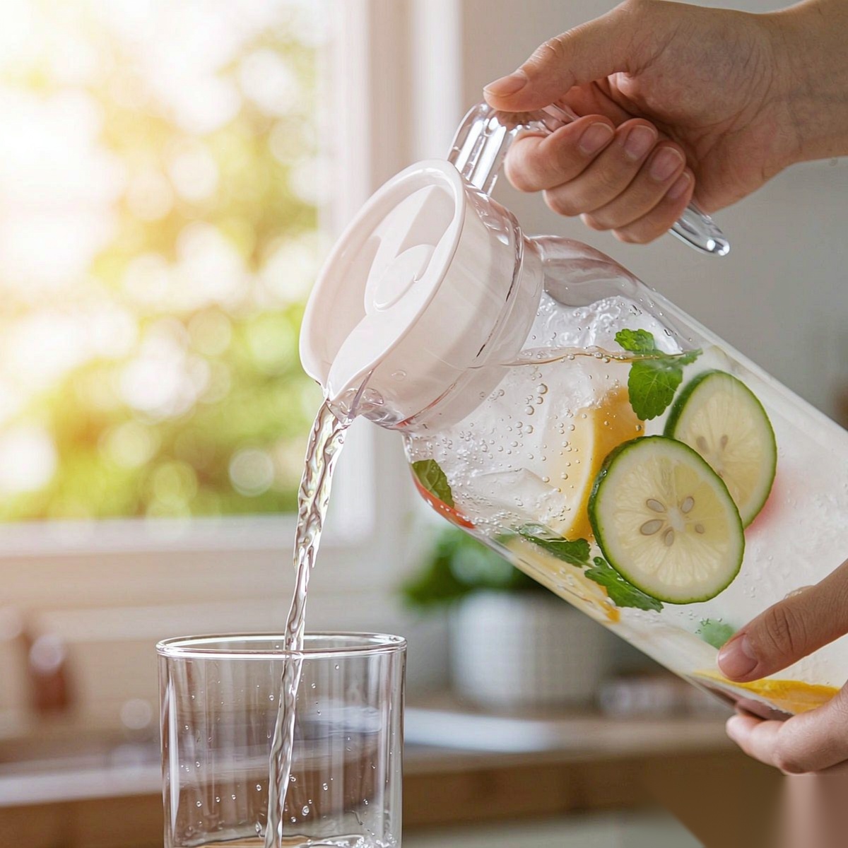 BY-9147 unbreakable PC water pitcher - being poured by hand