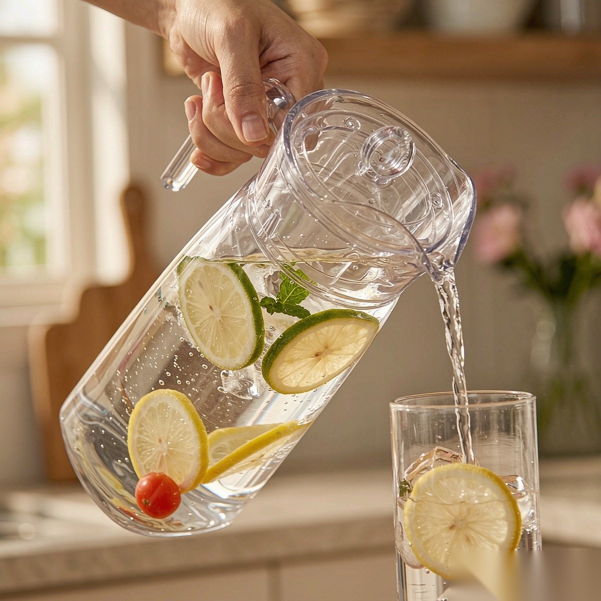 BY-9161 unbreakable PC water pitcher - being poured by hand