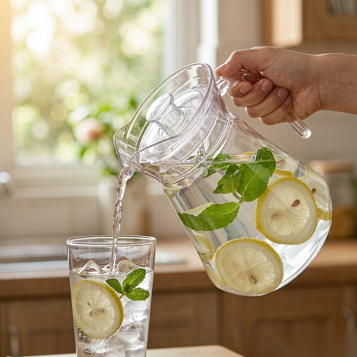 BY-9162C unbreakable PC water pitcher - being poured by hand