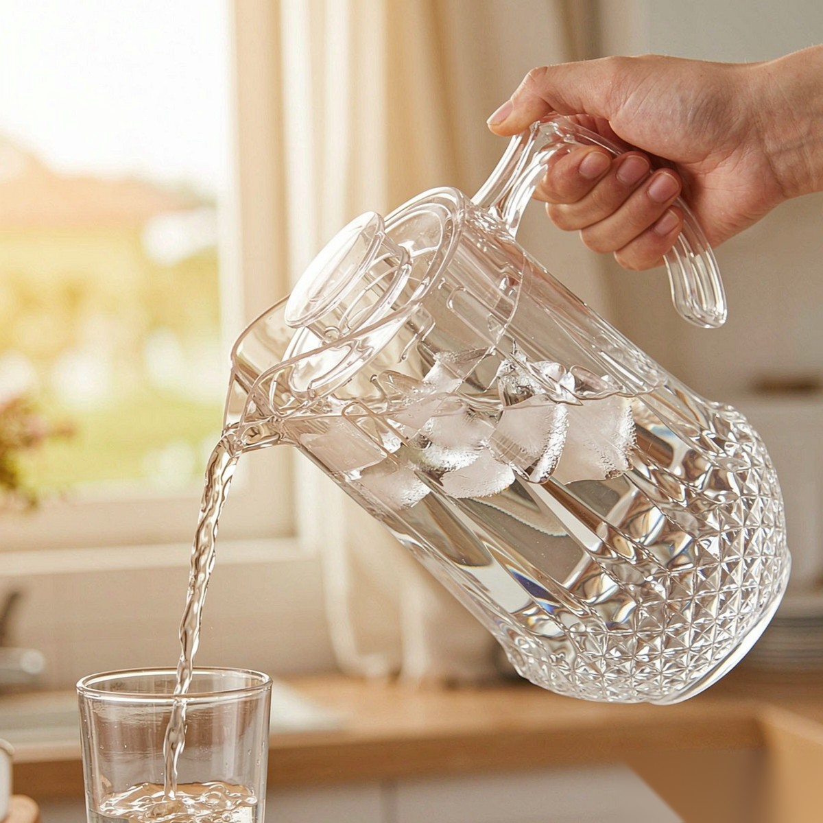 BY-9163 unbreakable PC water pitcher - being poured by hand