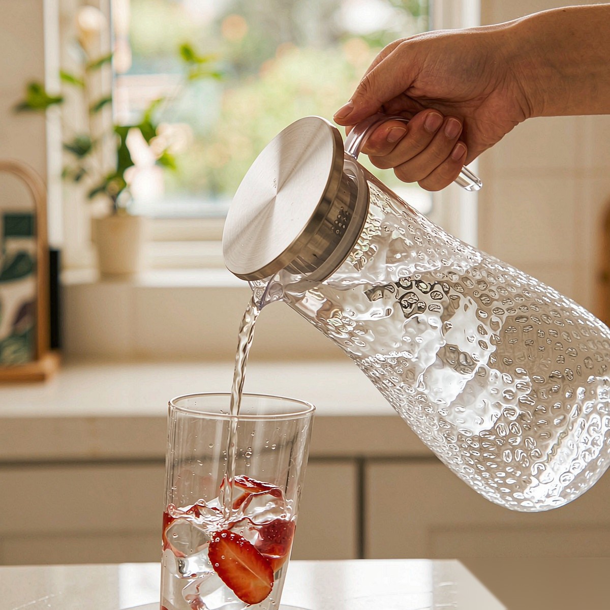 BY-9164 unbreakable PC stainless steel handle water pitcher (steel) - being poured by hand