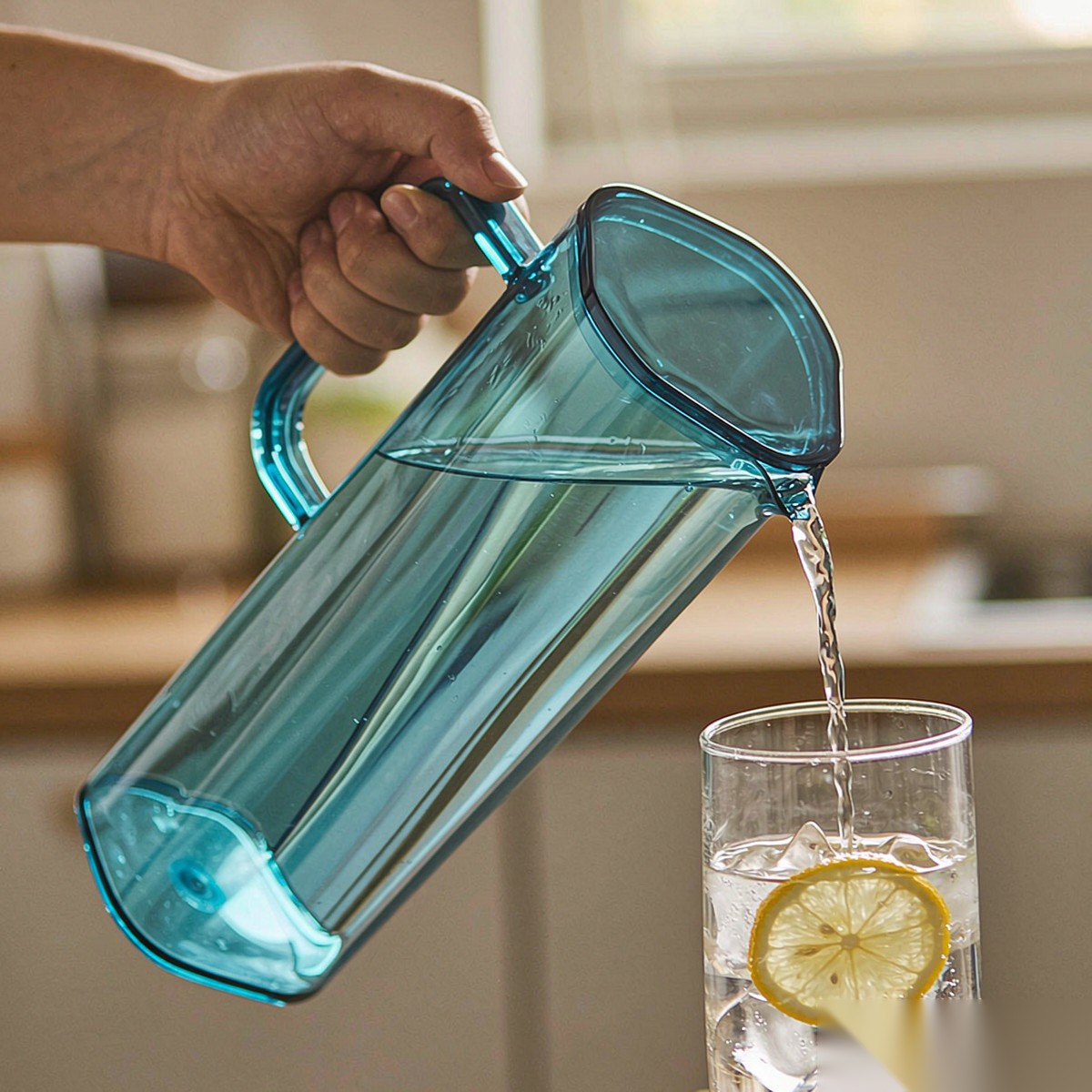 BY-9166 unbreakable PC full-handle water pitcher (blue) - being poured by hand