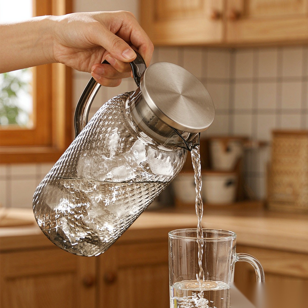 BY-9190B unbreakable PC full-handle water pitcher (gray) - being poured by hand