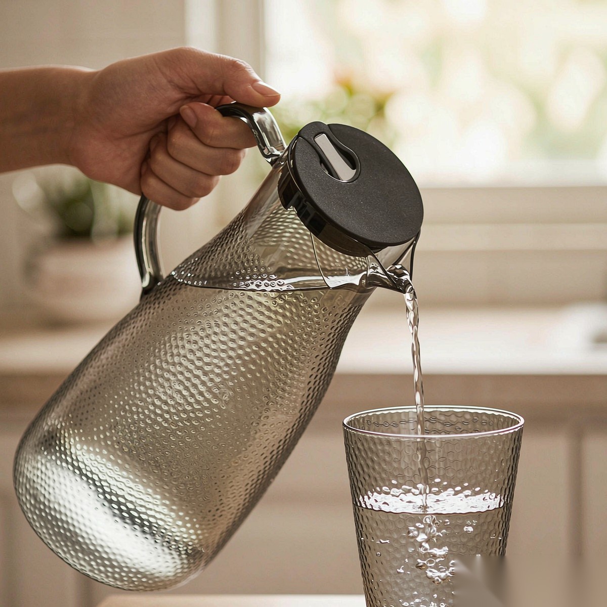BY-9191A unbreakable PC full-handle water pitcher (gray) - being poured by hand