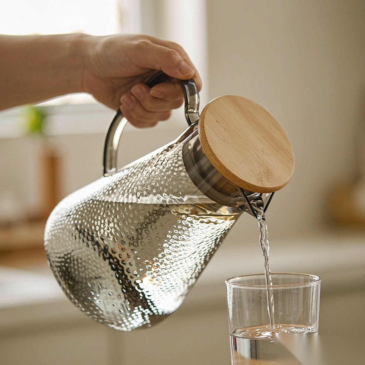 BY-9191C unbreakable PC full-handle water pitcher (gray) - being poured by hand