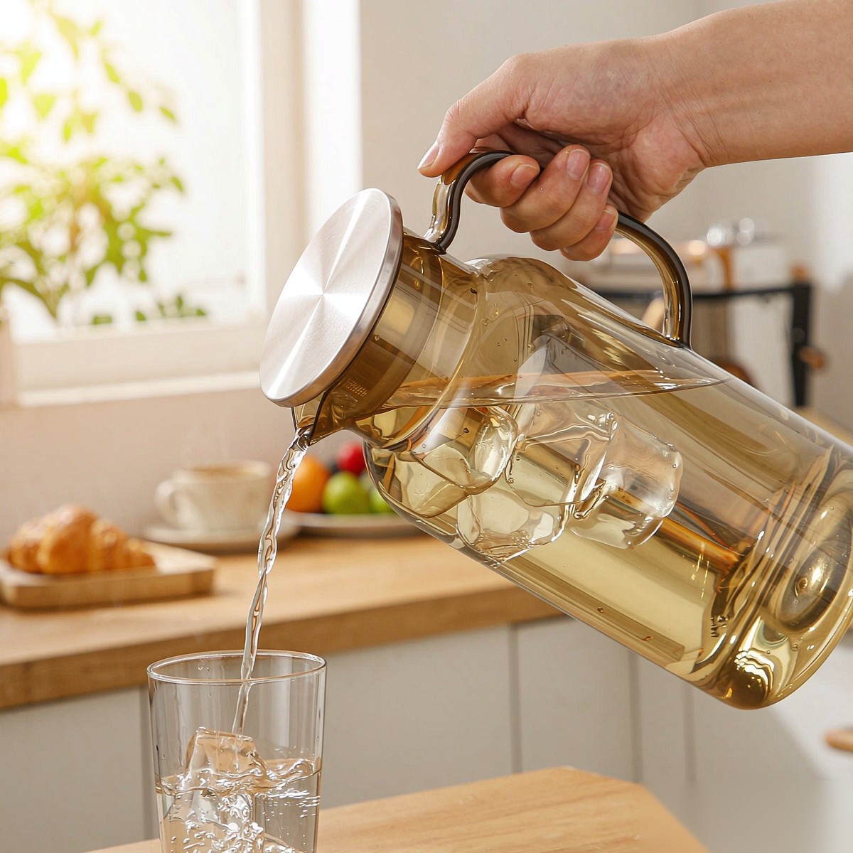 BY-9198A unbreakable PC full-handle water pitcher (tea) - being poured by hand