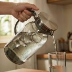 BY-9198B unbreakable PC full-handle water pitcher (gray) - being poured by hand