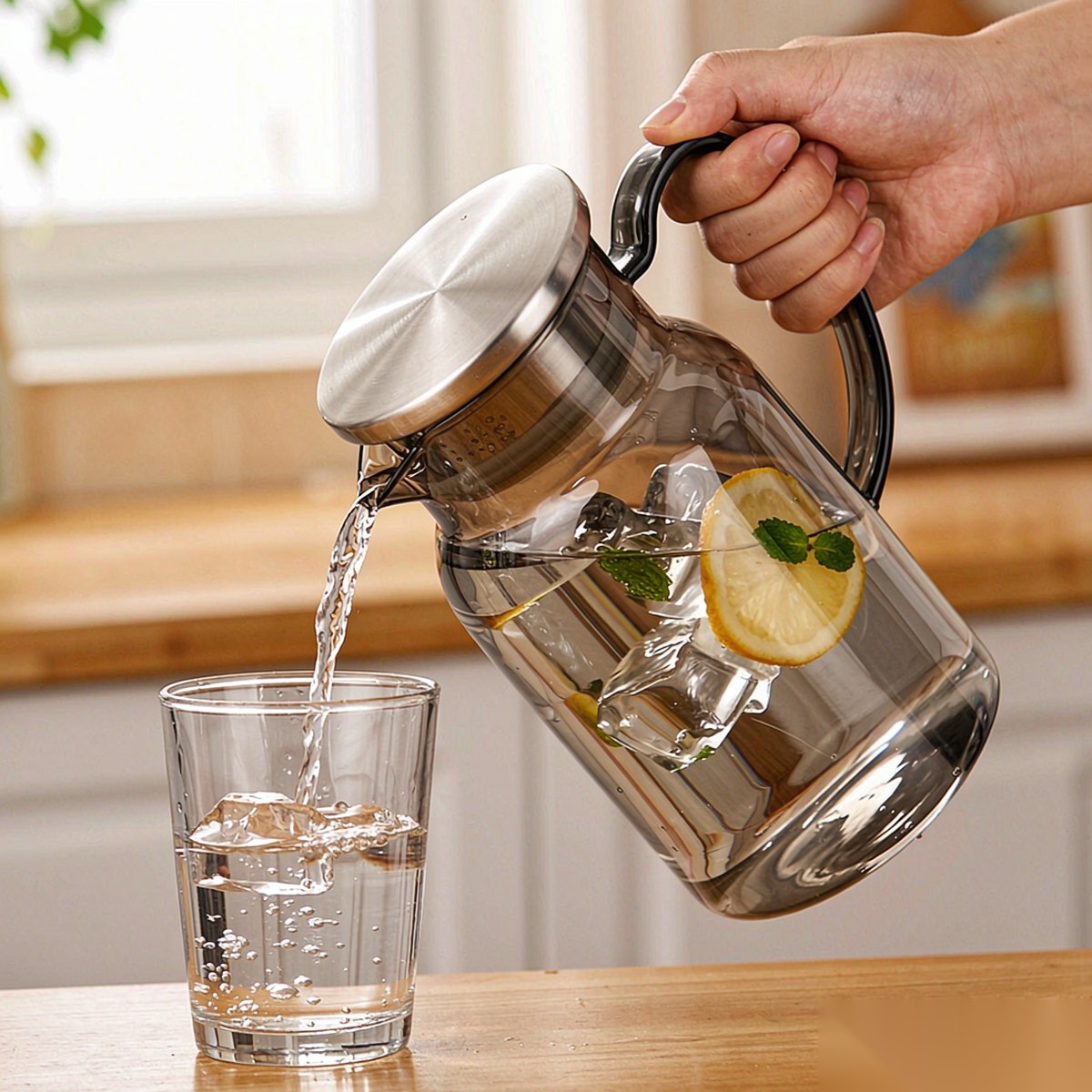 BY-9198C unbreakable PC full-handle water pitcher (gray) - being poured by hand