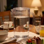 BY-8553C unbreakable PC full-handle water pitcher - set on a dining table for dinner