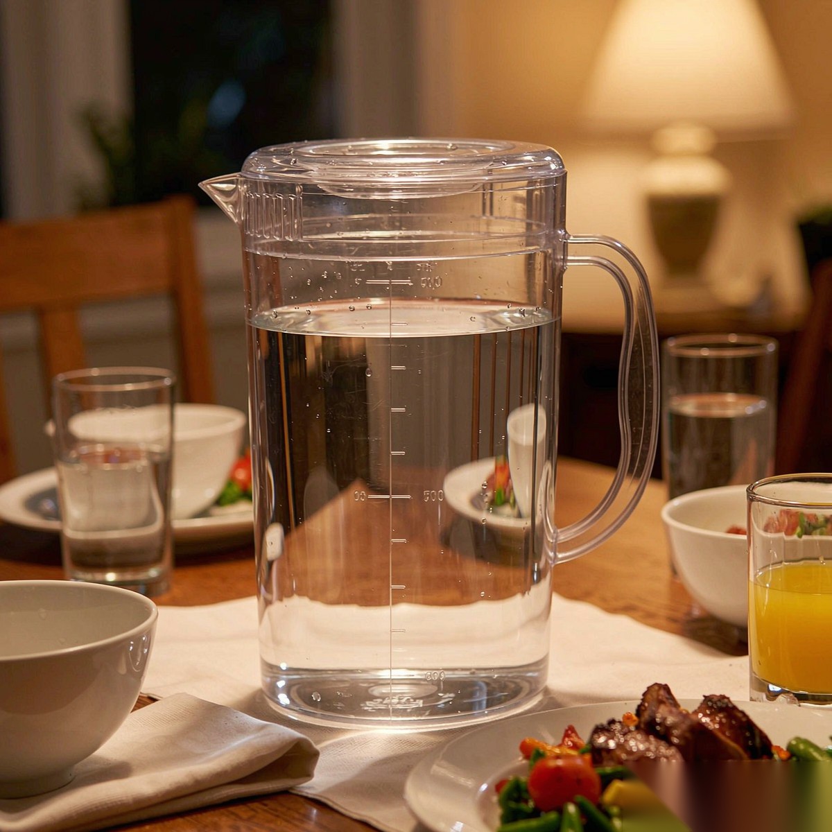 BY-8553C unbreakable PC full-handle water pitcher - set on a dining table for dinner