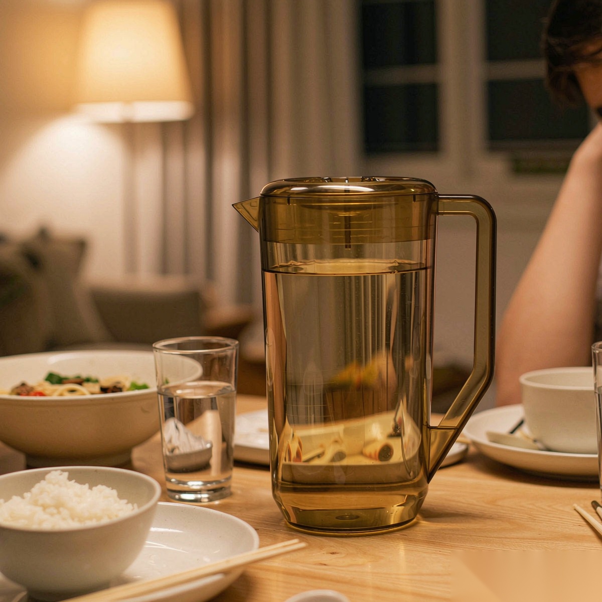 BY-8554 unbreakable PC full-handle water pitcher (tea) - set on a dining table for dinner