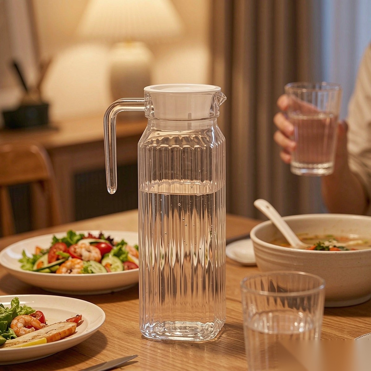 BY-9141B unbreakable PC water pitcher - set on a dining table for dinner