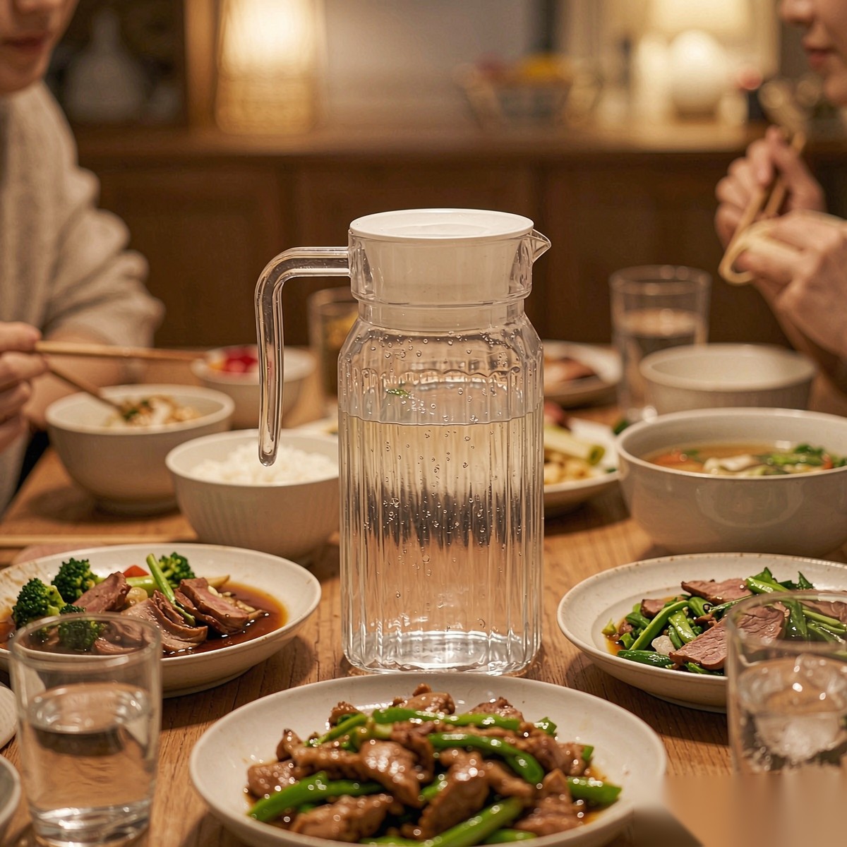 BY-9141D unbreakable PC water pitcher - set on a dining table for dinner