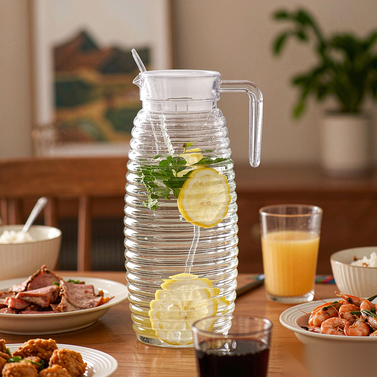 BY-9142A unbreakable PC water pitcher - set on a dining table for dinner