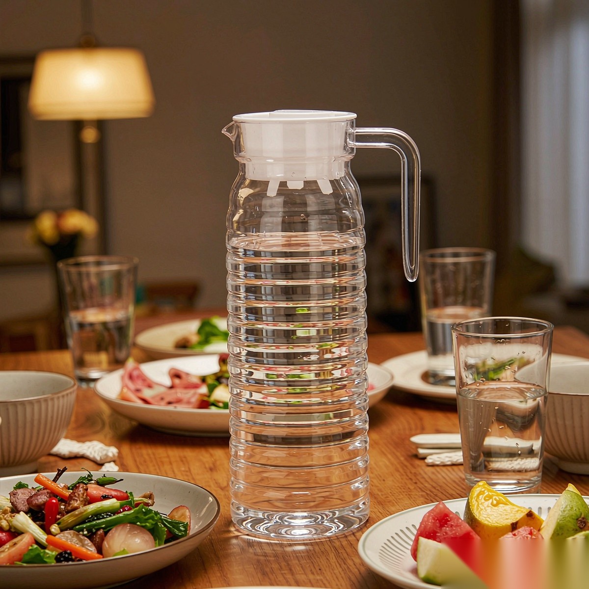 BY-9142B unbreakable PC water pitcher - set on a dining table for dinner