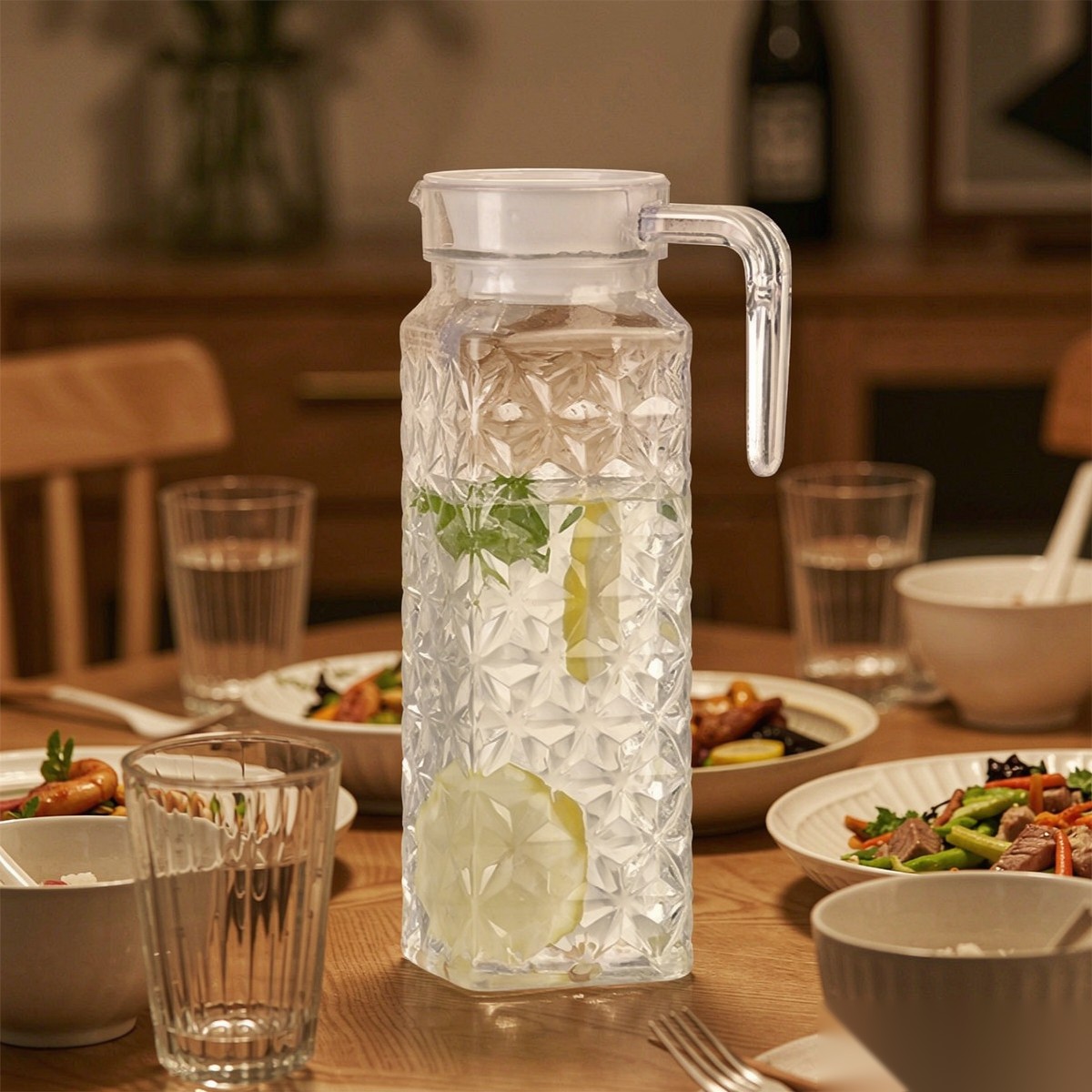 BY-9143 unbreakable PC water pitcher - set on a dining table for dinner