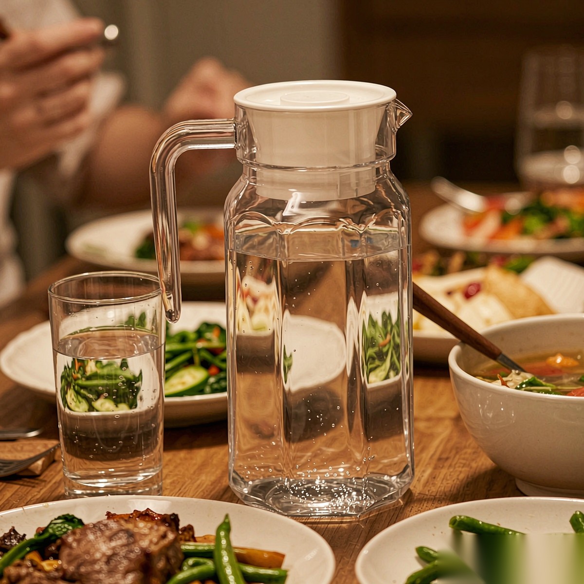 BY-9144D unbreakable PC water pitcher - set on a dining table for dinner