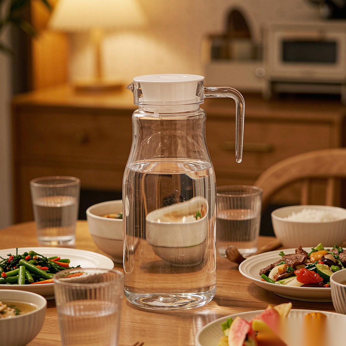 BY-9146 unbreakable PC water pitcher - set on a dining table for dinner