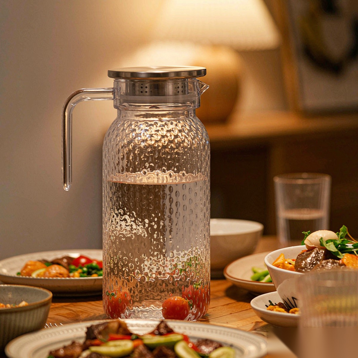 BY-9148 unbreakable PC water pitcher (steel) - set on a dining table for dinner