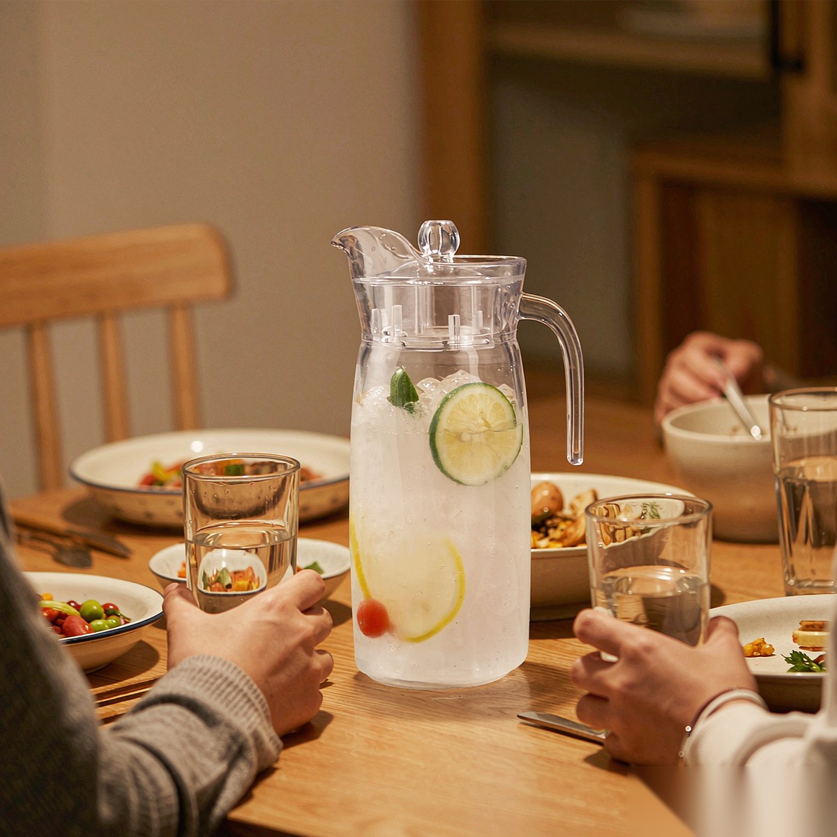 BY-9161 unbreakable PC water pitcher - set on a dining table for dinner