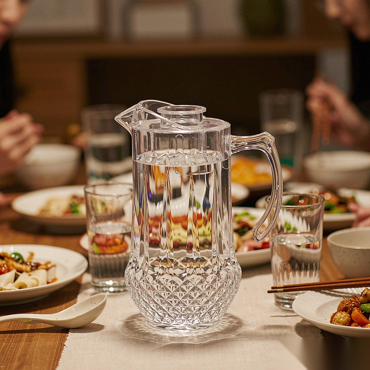 BY-9163 unbreakable PC water pitcher - set on a dining table for dinner