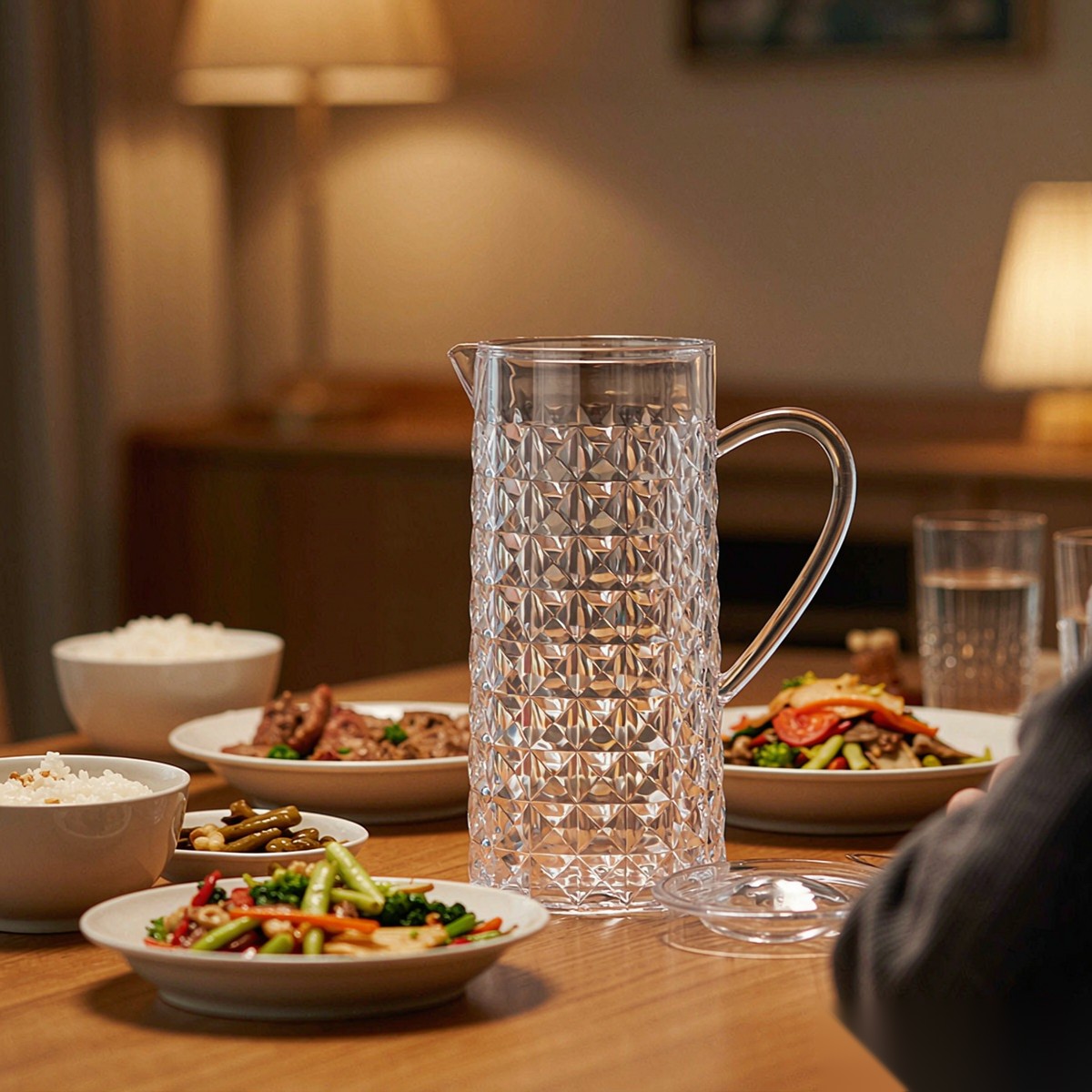 BY-9165 unbreakable PC full-handle water pitcher - set on a dining table for dinner