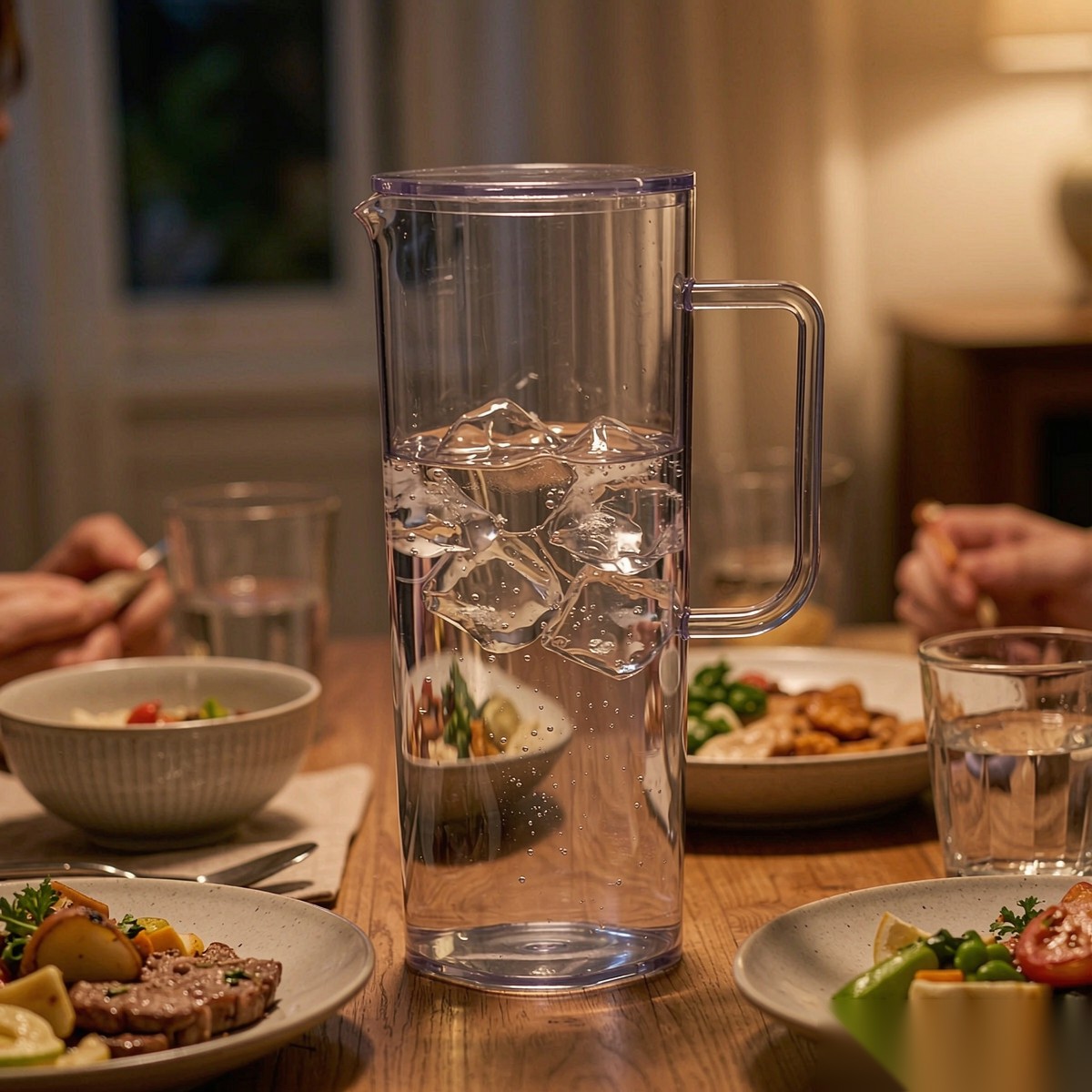 BY-9166 unbreakable PC full-handle water pitcher (gray) - set on a dining table for dinner