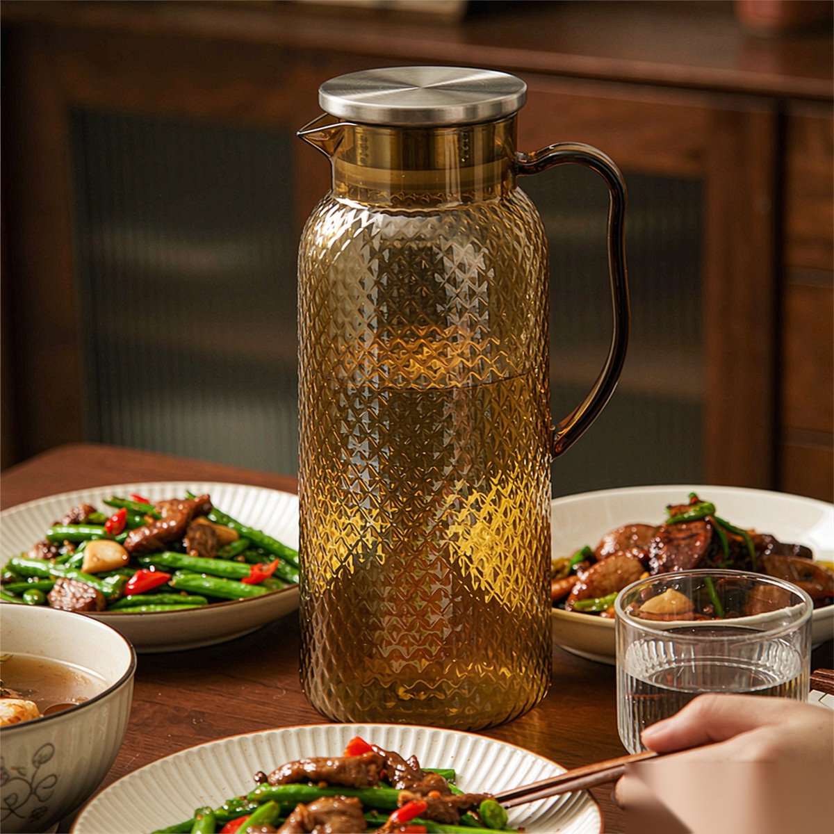 BY-9190A unbreakable PC full-handle water pitcher (tea) - set on a dining table for dinner