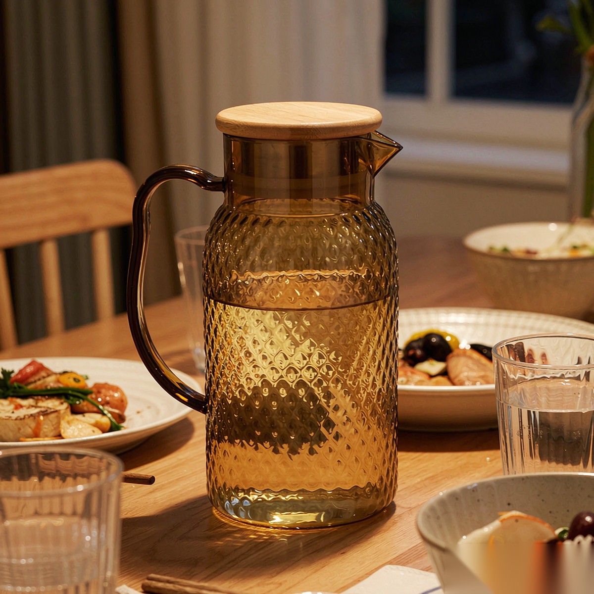 BY-9190B unbreakable PC full-handle water pitcher (tea) - set on a dining table for dinner