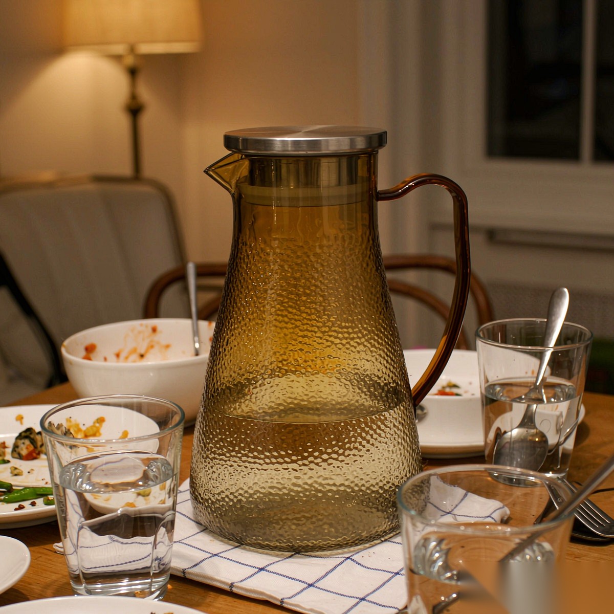 BY-9191B unbreakable PC full-handle water pitcher (tea) - set on a dining table for dinner
