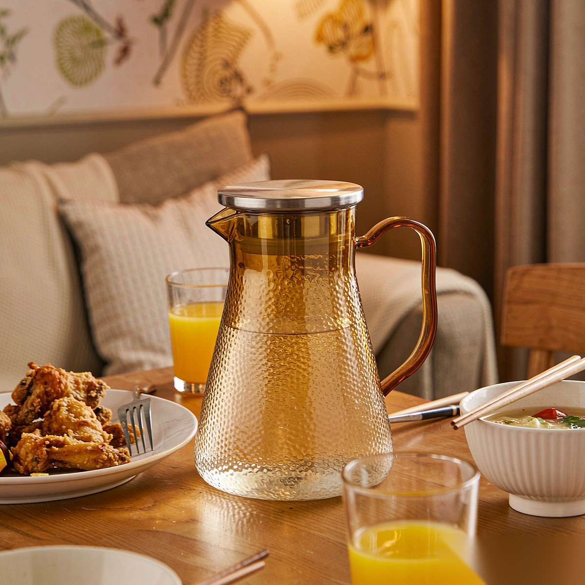 BY-9191C unbreakable PC full-handle water pitcher (tea) - set on a dining table for dinner