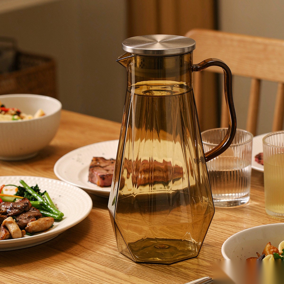 BY-9192A unbreakable PC full-handle water pitcher (tea) - set on a dining table for dinner