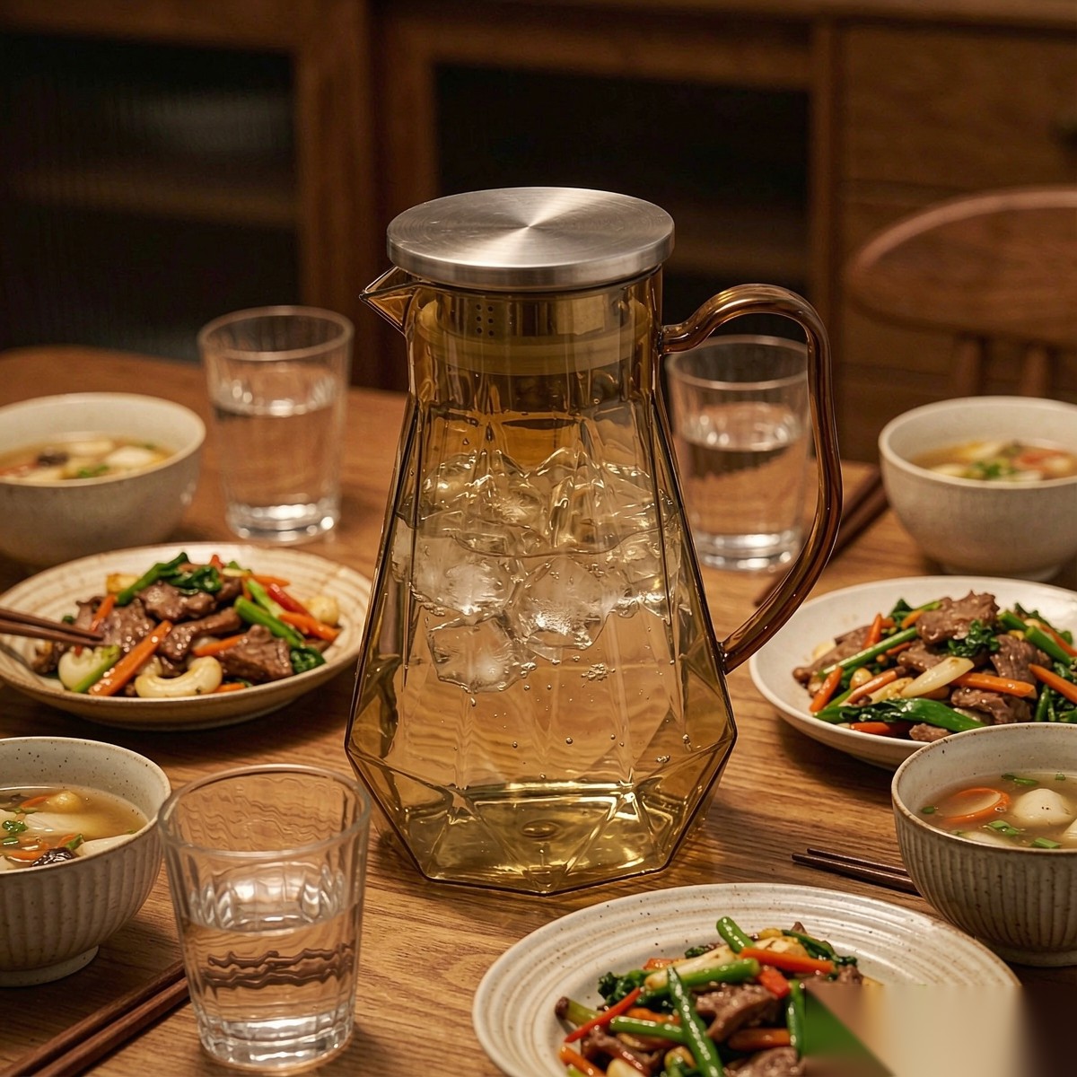 BY-9192B unbreakable PC full-handle water pitcher (tea) - set on a dining table for dinner